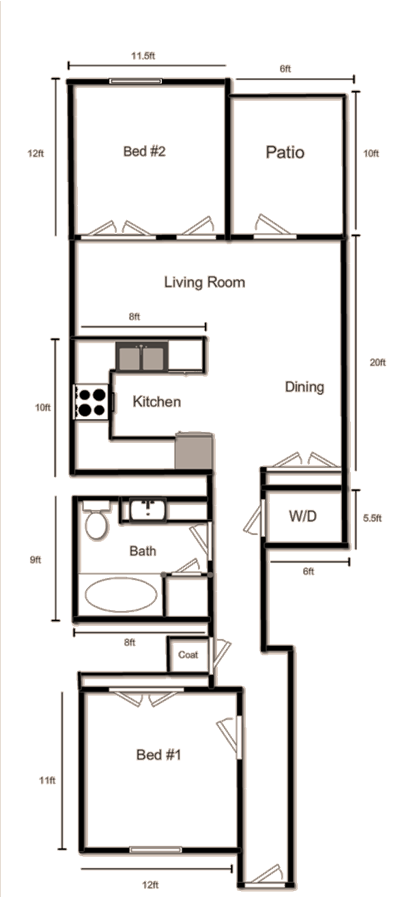 Floor plan for 2 beds, 1 bath